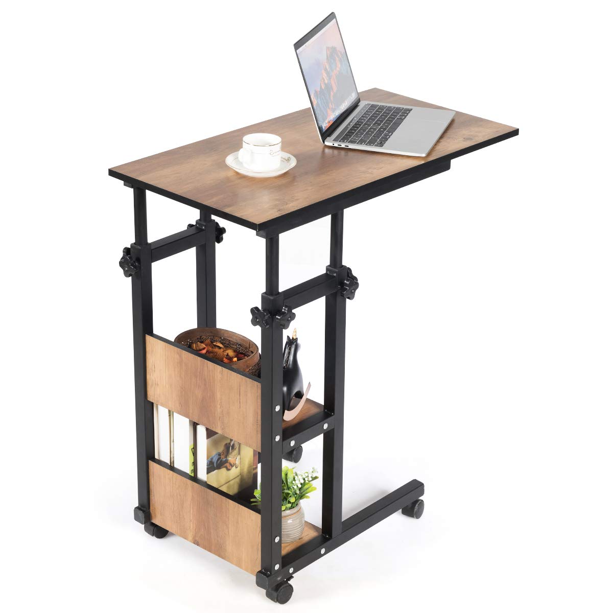 Table d'appoint mobile de canapé Tangkula, table d'extrémité roulante en forme de C à hauteur réglable avec étagères de rangement pour canapé-lit